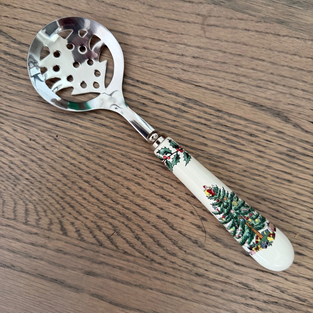 Spode Christmas Tree Slotted Serving Spoon Ceramic Handle Stainless Steel Head